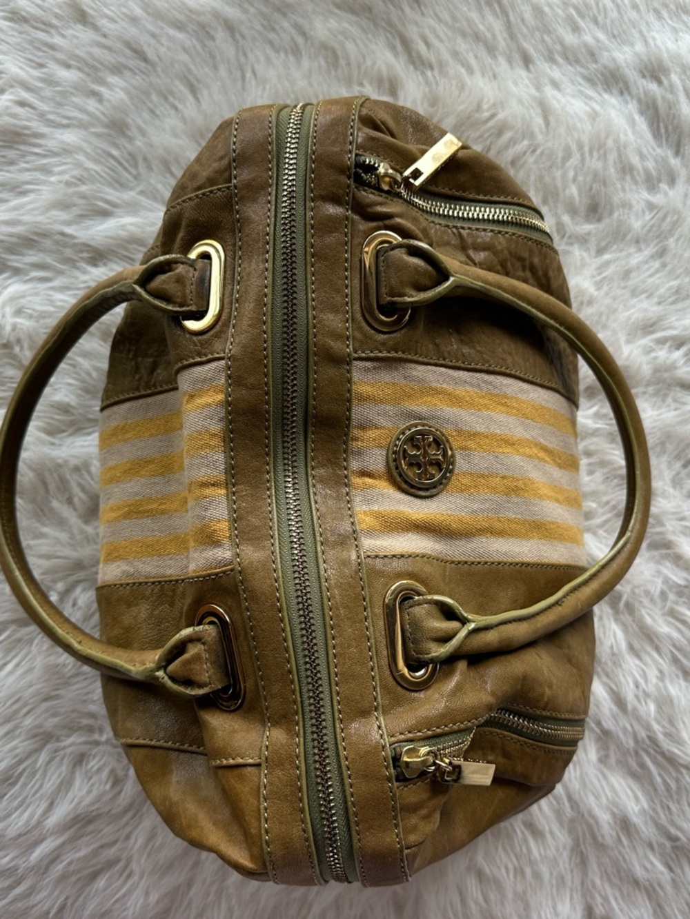 Tory Burch Matilda green tea .. Yellow Striped Leather Satchel bag - Picture 3 of 10